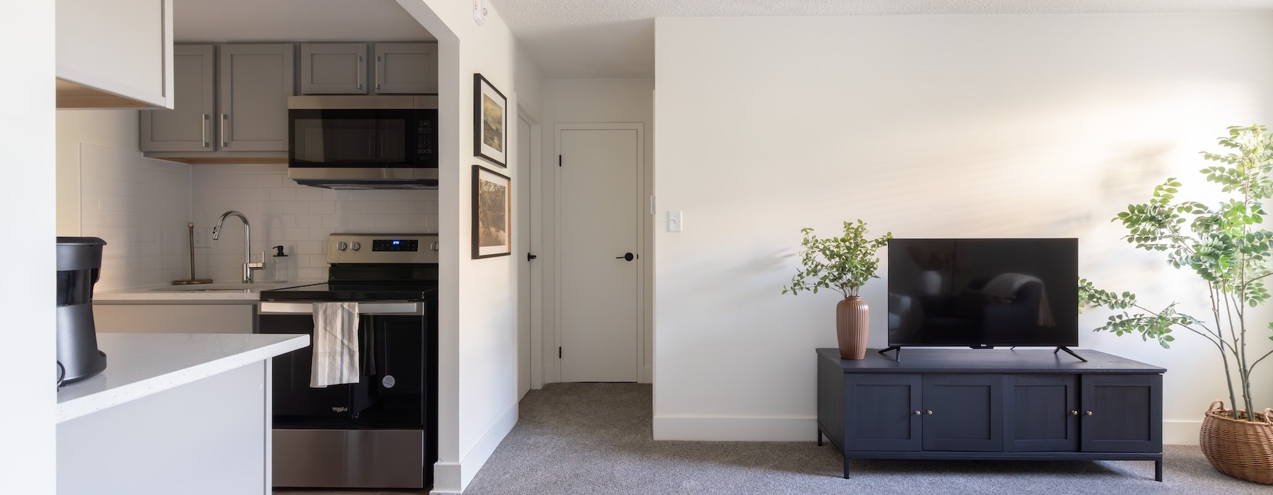 a living room with a tv and plants