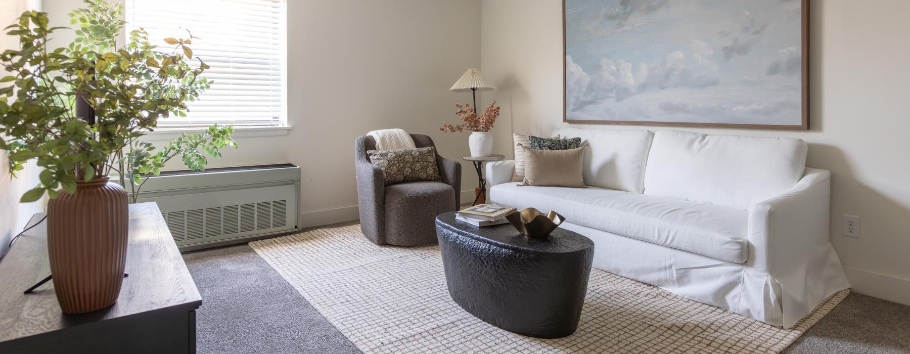 a living room with a couch and a coffee table and a window